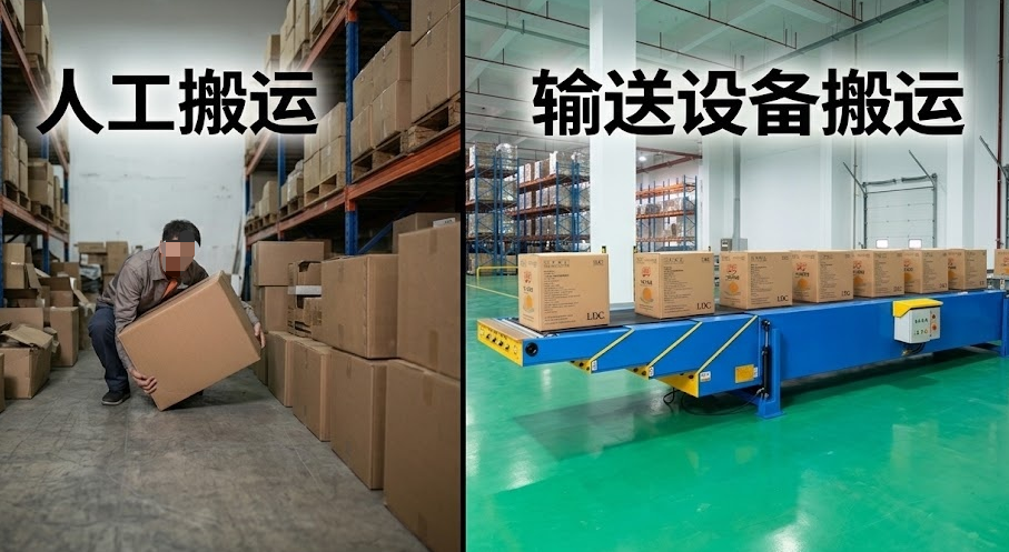 人工搬运vs伸缩输送设备 人工搬运vs伸缩输送设备